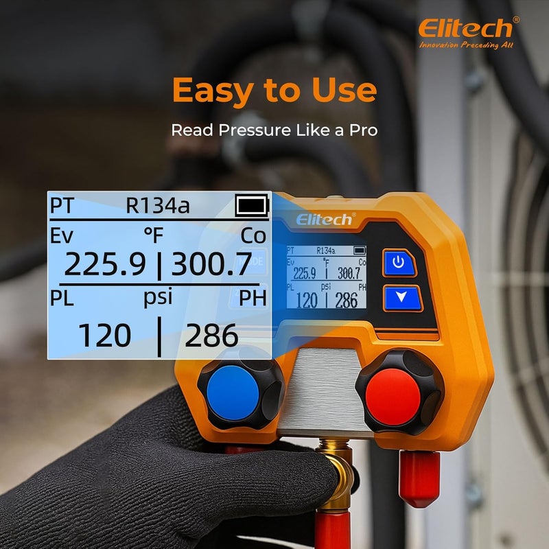 Elitech Digital Manifold Gauge Set for HVAC, Refrigeration & AC Systems, Supports R410A/R454B/R134 etc. Refrigerants, LCD Display, DMG-2SE with 3 Color Hoses & 2 R410A Adapters - Image 5